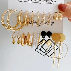 Fashion Geometry Women's Earring Set Metal Gold Color Exaggerated Long Tassels Big Circle Pearl Dangle Earring Party Jewelry