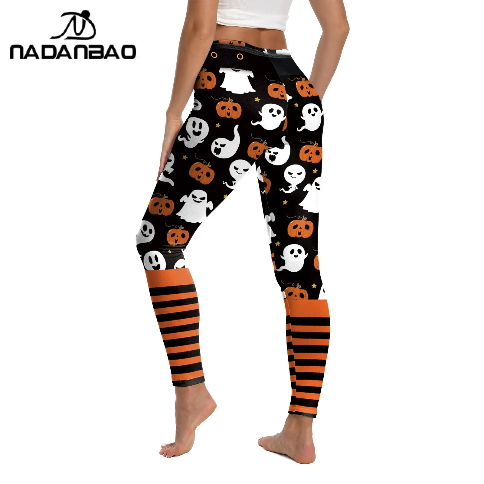 Legginsy damskie Nadanbao na Halloween z nadrukiem dyni i ducha, pomarańczowo-czarne spodnie w paski, letnie spodnie imprezowe, seksowne legginsy do jogi