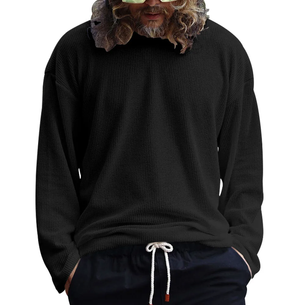 Mens Waffle Texture Long Sleeve Pullover Basic Round Neck Shirt Solid Color Casual Breathable Fabric Spring Autumn Top