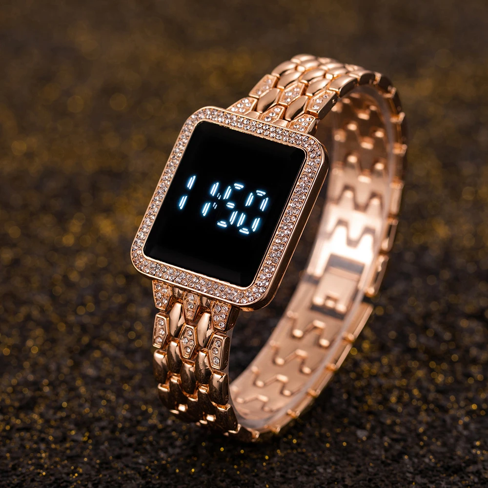 Luxury Fashion Women Digital Watch Alloy Strap Elegant Ladies Electronic Watch Square Rhinestone Dial Female Bracelet Wristwatch