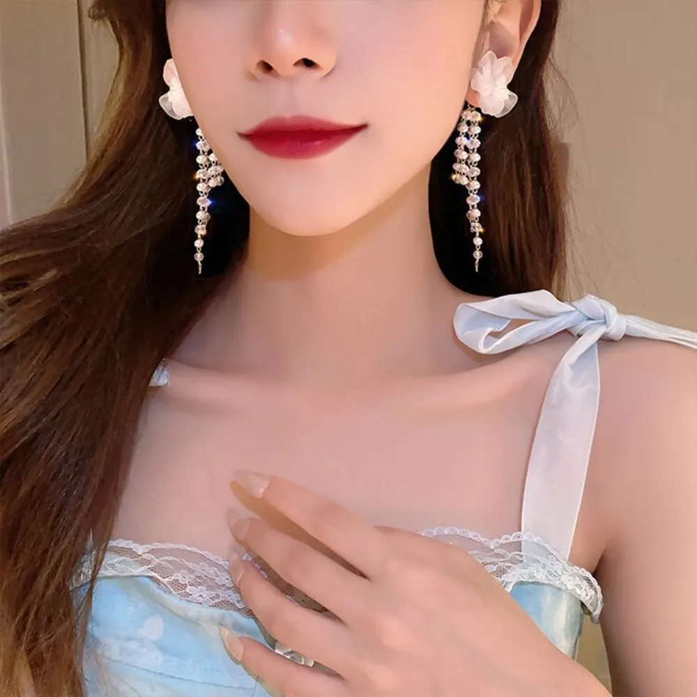 Romantic Temperament Pearl White Chiffon Flowers Long Beaded Tassels Chain Dangle Earrings for Women Bride Wedding Jewelry Gifts