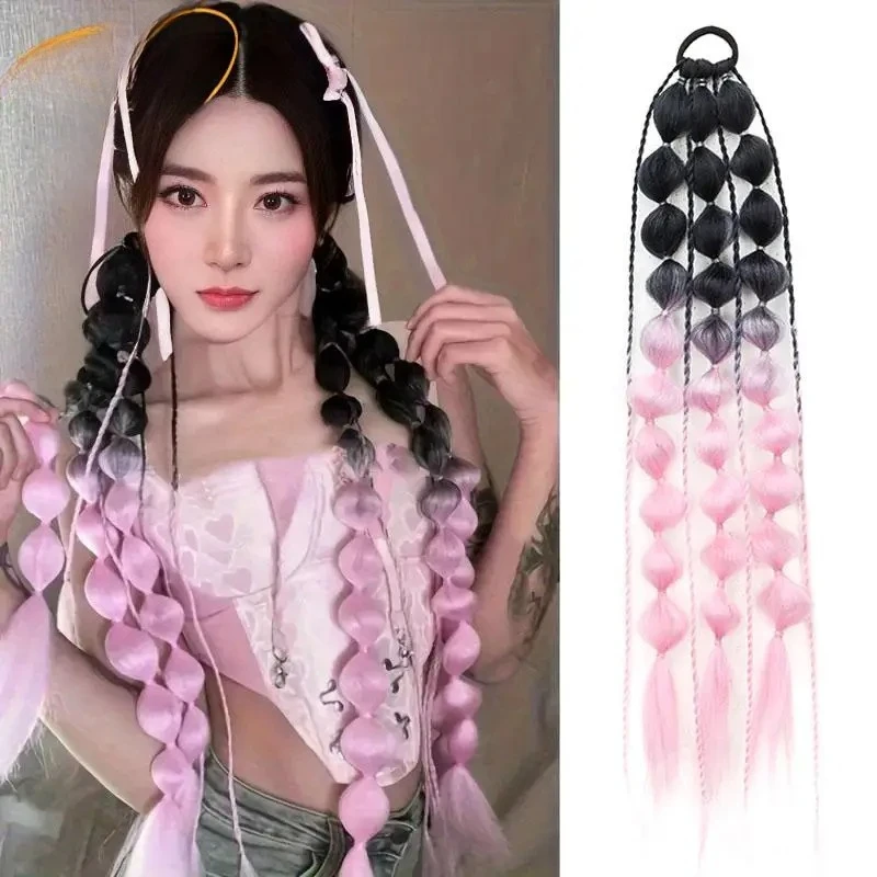 وصلات شعر على شكل ذيل حصان صناعية ملونة طويلة بطول 60.96 سم، أربطة مطاطية مرنة للنساء #1