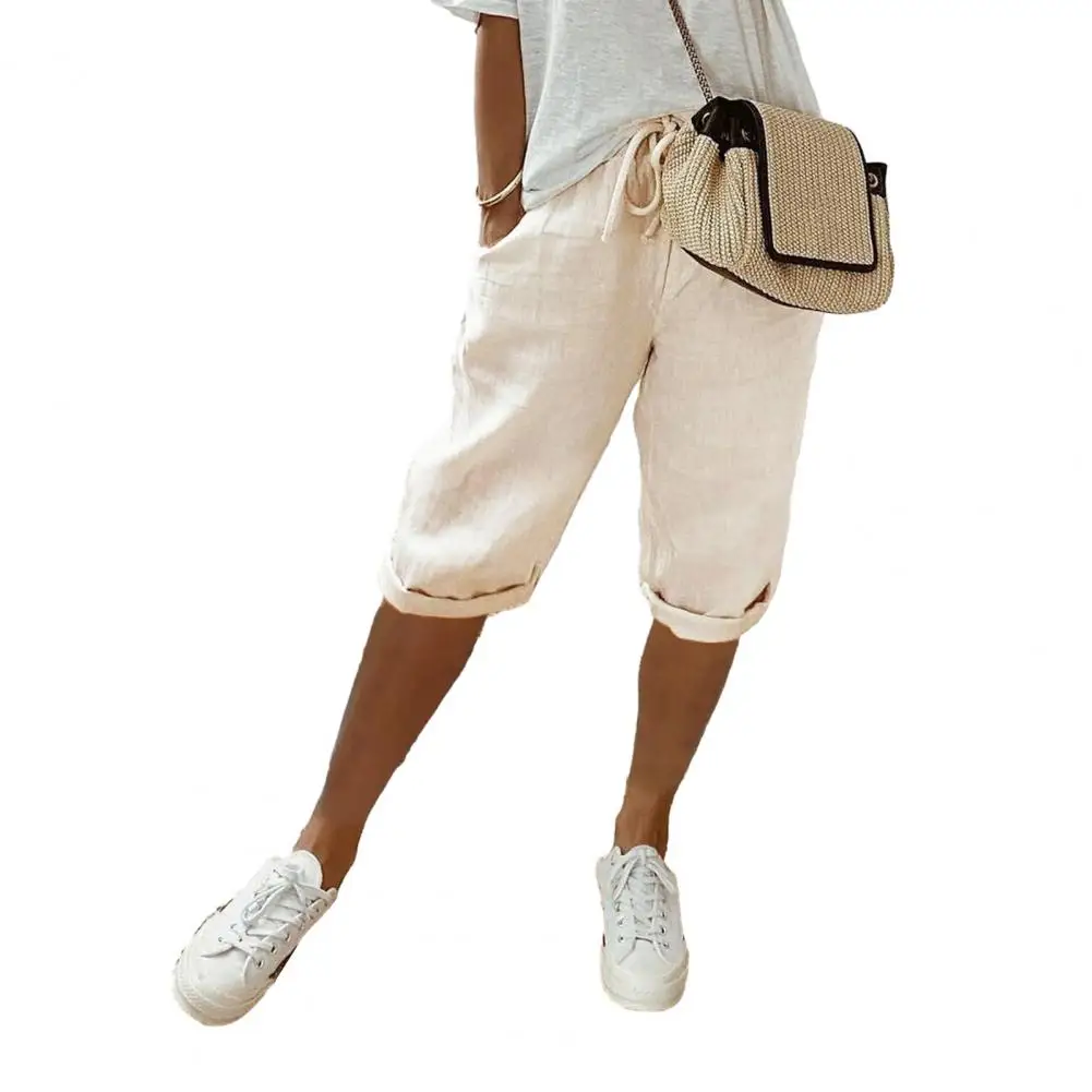 

Linen Bermuda Shorts for Women Knee Length Elastic Drawstring Waist Shorts Summer Casual Beach Outfits with Pockets Straight Fit