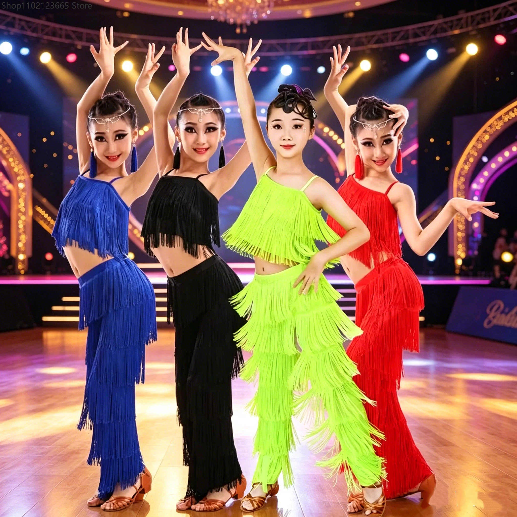 Lateinamerikanische Tanzkleider, Ballsaal-Kleid mit Fransen und Quasten, Oberteil und Hose, Pailletten-Fransen, Salsa-Samba-Kostüm für Kinder, Cosplay für Mädchen