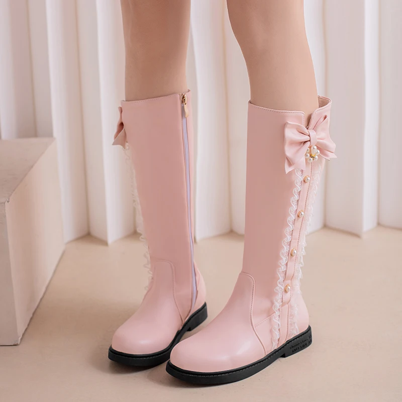 

2023 Autumn Winter Lolita Style Sweet Mid-calf Princess Boots String Bead Bowtie Lace Edge Low Heel Pink White Party Women Shoes