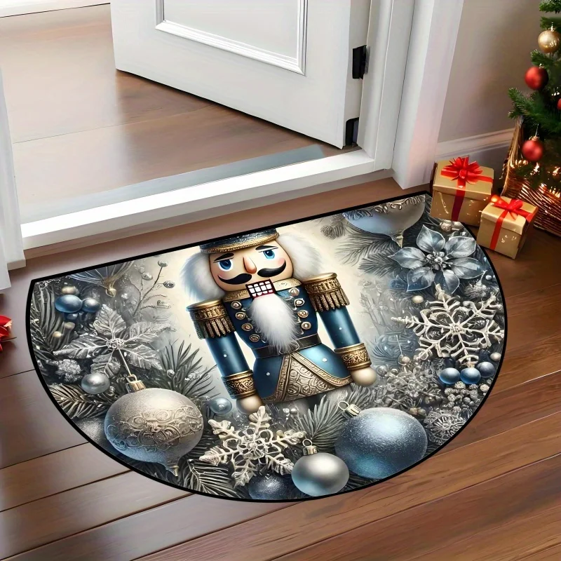 Nutcracker Soldier Silver Ball Snowflake Cool Tone Semi Circle Doormat For Modern Entryway Non Slip Welcome Floor Mat Accent