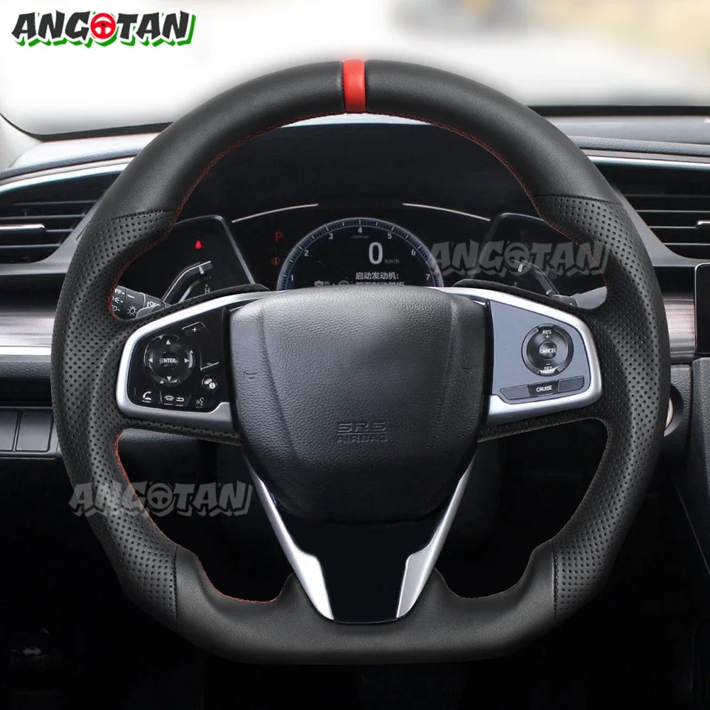 Steering Wheel Perforated Leather For 2016-2021 Honda Civic 10th Type R Full Leather Steering Wheel Red Stitching Flat Bottom