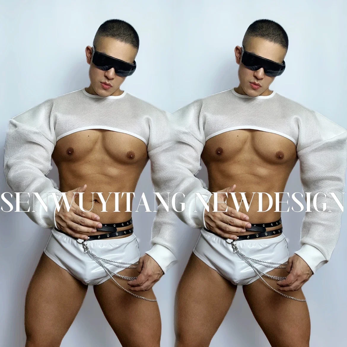 

2025 Bar DS2023 New Performance Dress Men's Gogo Leading Dance Dress Sexy Jazz Dance DJ Men's Stage Dress White Robot Set yj298