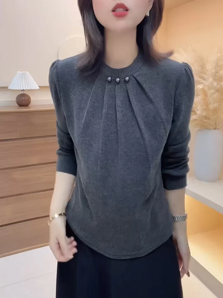 

Retro Sle Long Sve round Ne Slimming Top for Women Autumn Winter plus Size Faionable Versatile Women's Upperwear