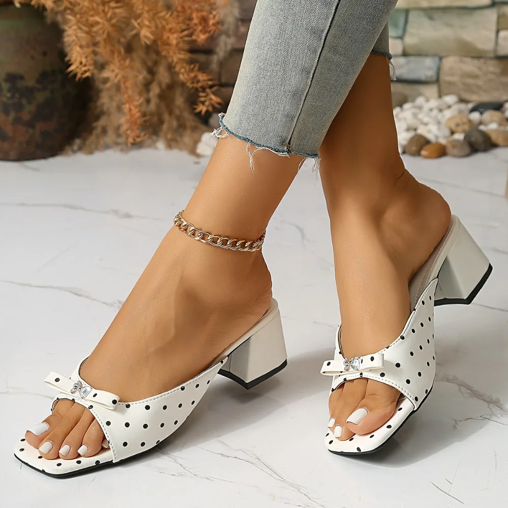 Women's Square Open Wave Point Style Bow Embellishment Summer Slippers Women Fashionable Elegant Sandals