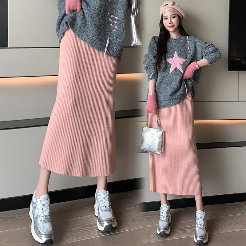 

Elastic High Waist Office Ladies Striped Wrapped Hip Long Skirts Popular 2025 Autumn Winter Women Solid Straight Knitted Skirt