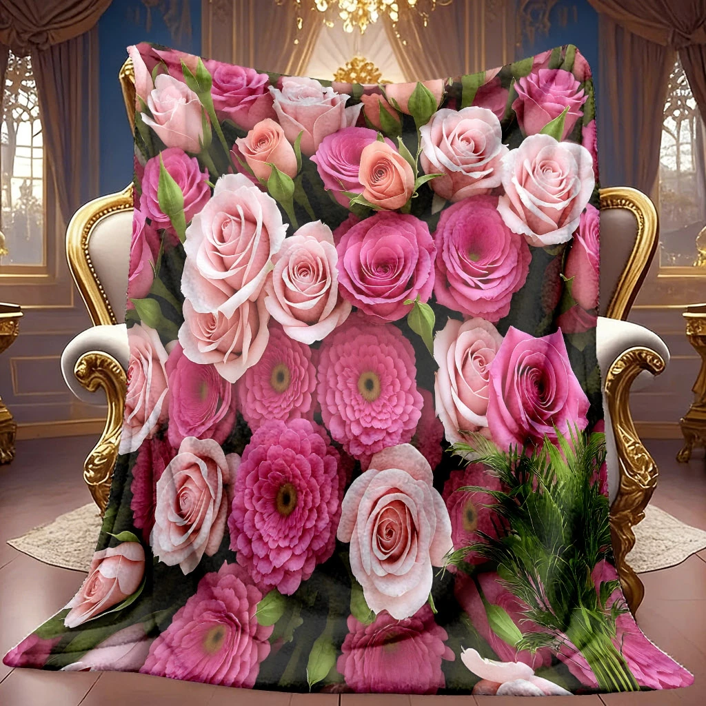 A 2D Flannel Blanket Featuring a Pink Rose and Floral Cluster Pattern, with Soft High-definition Digital Printing. This Cooling