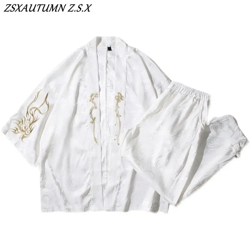 Chinese Style Men\'s Summer Ice Silk Shirt Set Fashion Kung Fu Tang Suit Seven-point Sleeve Cardigan Hanfu Suit Vintage Tradition