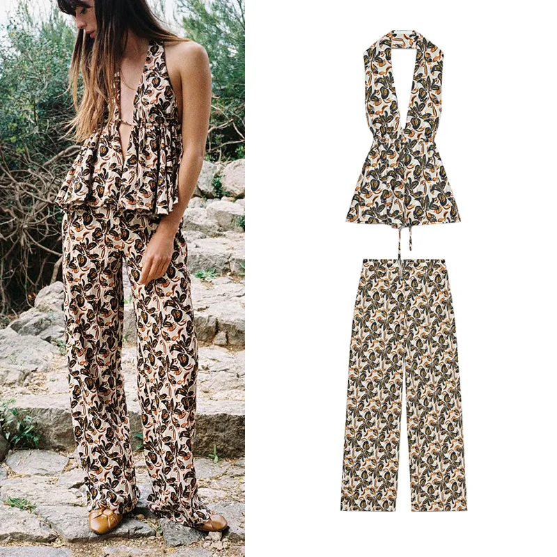 

Casual Printed Off-oulder Top with Knot Ne Design Loose High-Waisted Long Pants Summer Faion Set for Women