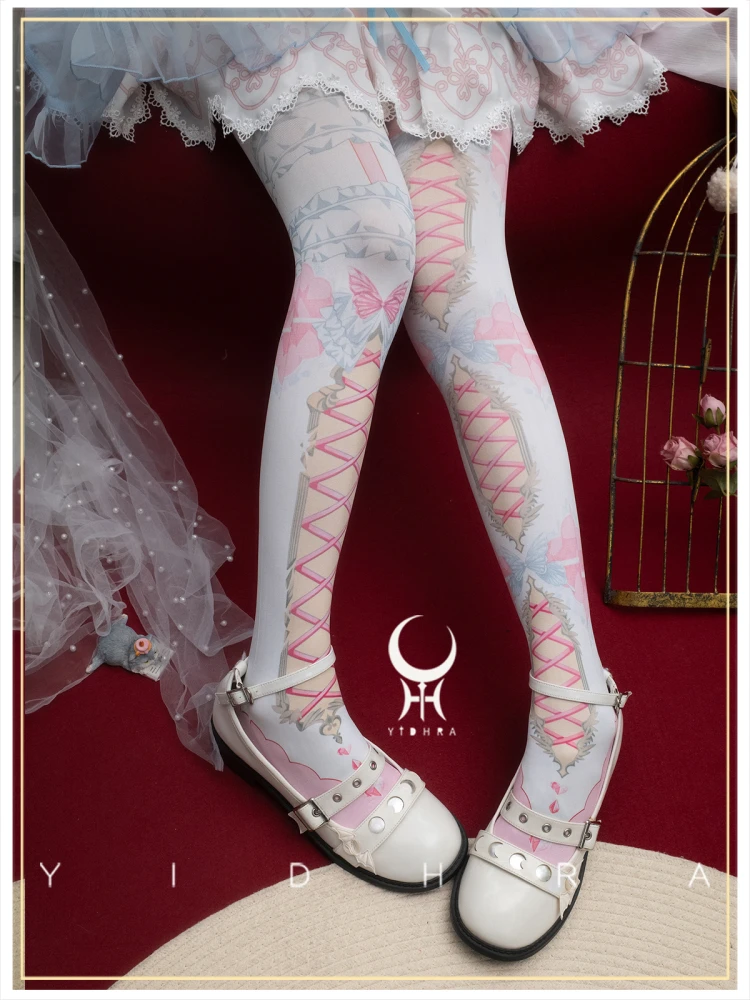Spring Autumn Japanese Original Digital Printing Lolita Pantyhose Soft Cute Girl Cute Bow Cross Strap Print Lo Pantyhose Woman