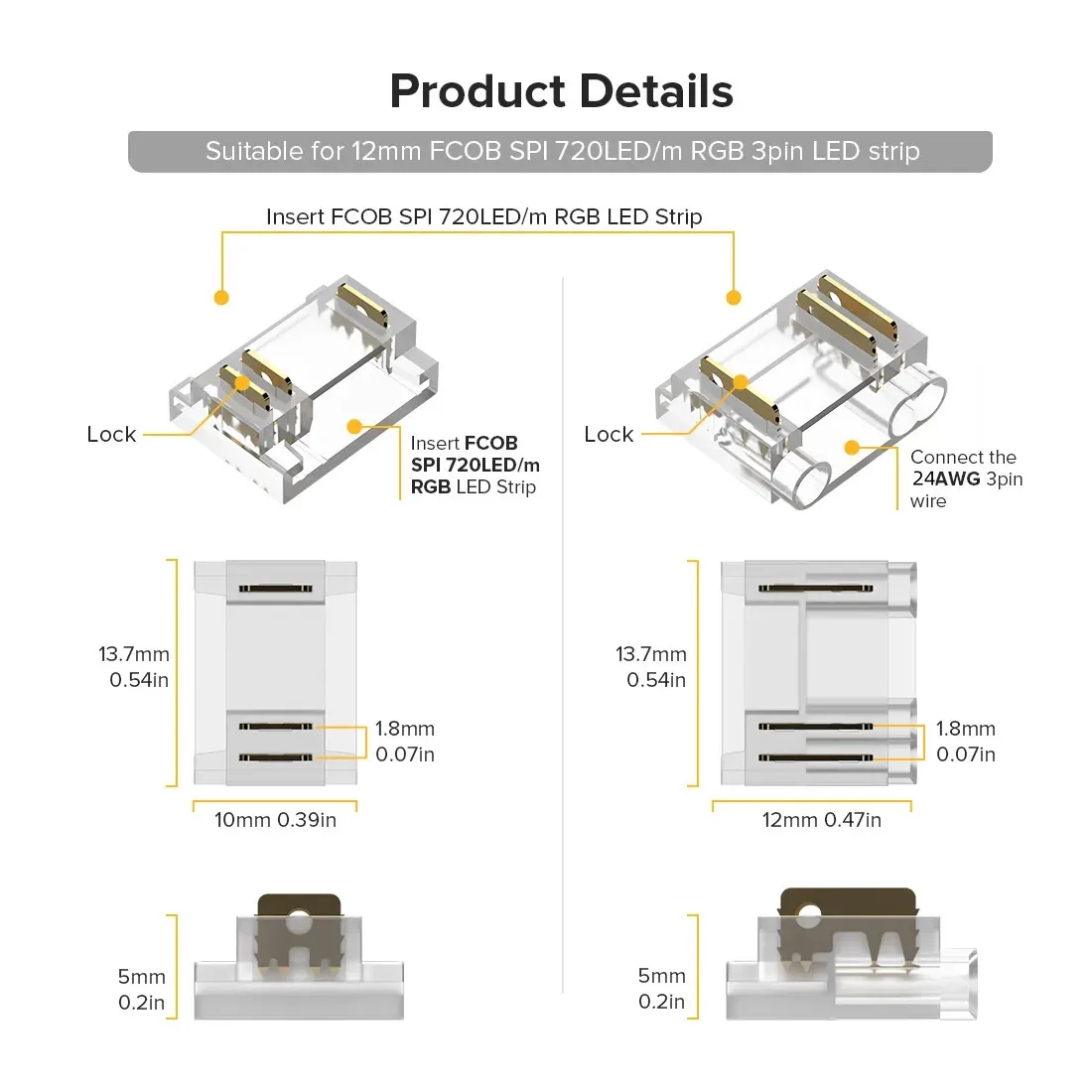 24PCS 12mm Transparent Cover Connector Kits for COB RGBIC LED Strip Transparent Gapless Connectors with 3Pins Extension Wire