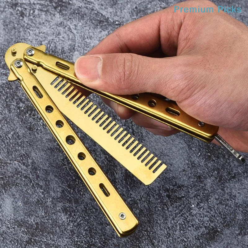 1Pcs Stainless Steel Practice Training Butterfly Knife Comb Beard Moustache Brush Salon Hairdressing Styling Tool Foldable Comb