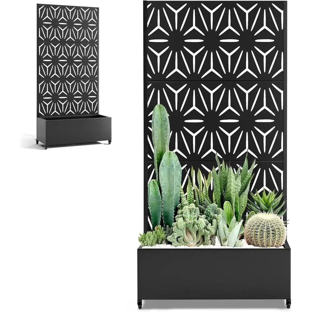 

35 Black Star Metal Planter Box with Trellis, Wheels & Privacy Screen for Outdoor Gardening