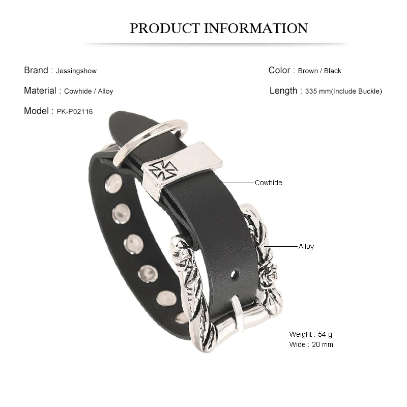 Rock Punk Style Large Buckle Bracelet Cowhide Leather Rivets Cross Pattern Bangle Unisex Fashion Accessory