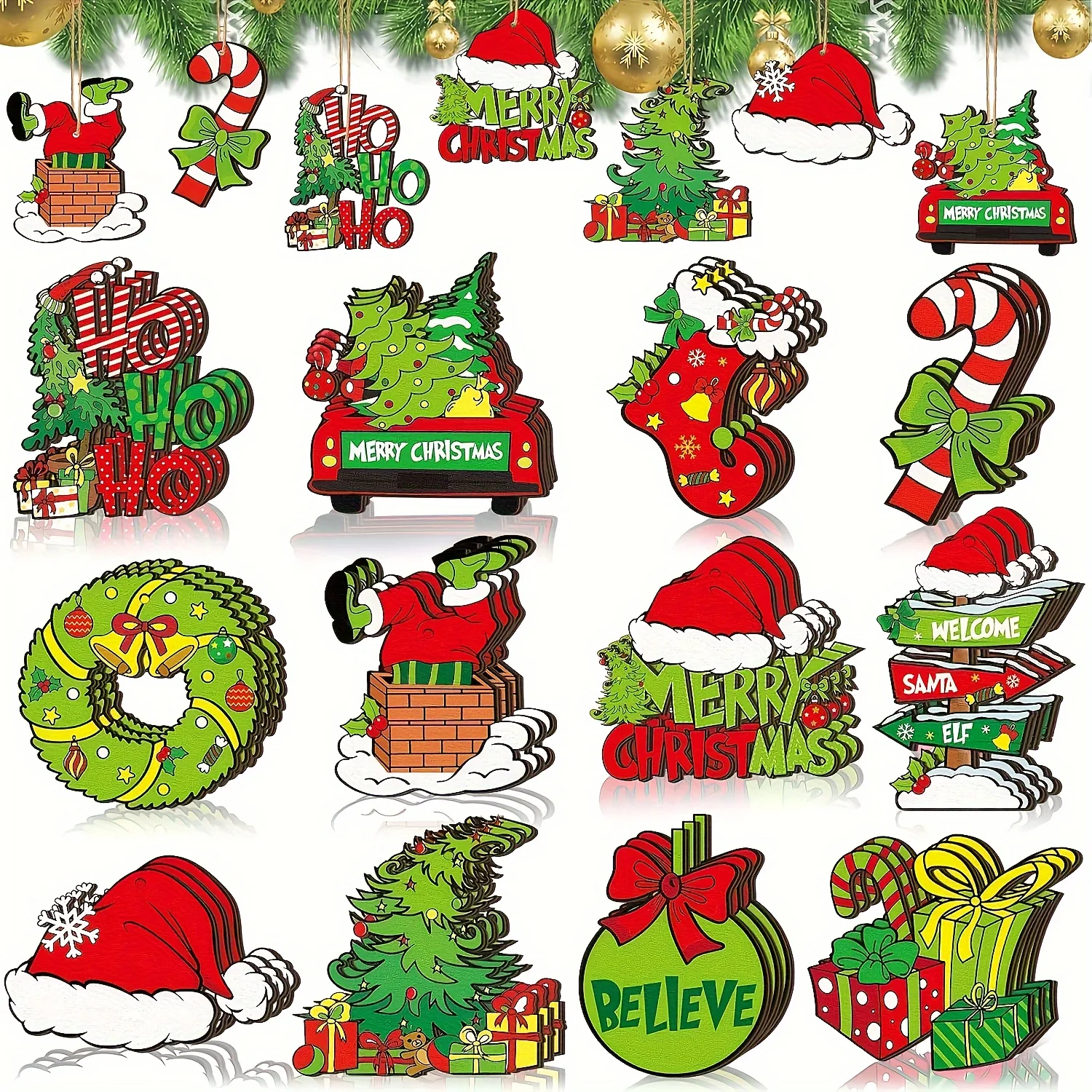 Set of 24 pieces of traditional Christmas wooden decorations, lime green and red holiday tree ornaments, holiday wood chip tags