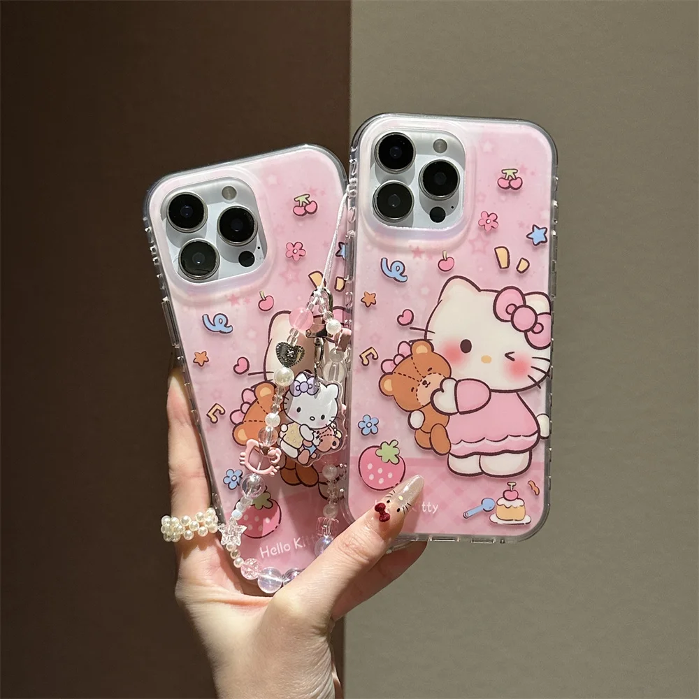 

Cute Strawberry Bear Kitty Cat Phone Case for iPhone 13 14 15 16 17 Pro 16 Max Cover with Chain Cartoon Shockproof Fundas Cases