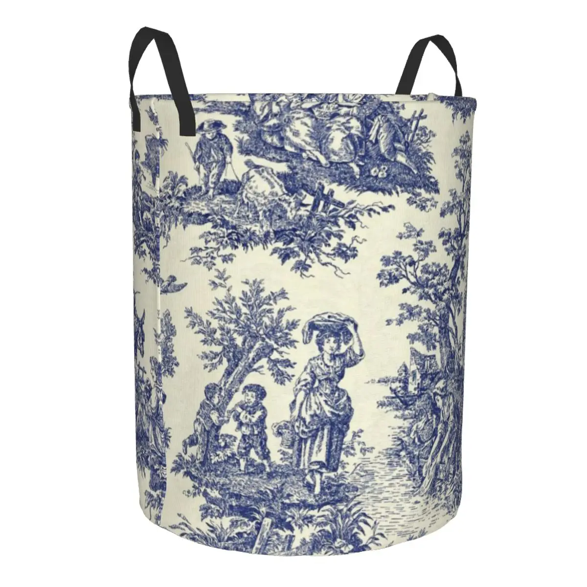 Custom Toile De Jouy Blue Laundry Hamper Large Clothes Storage Basket French Navy Blue Motif Toys Bin Organizer for Boy Girl