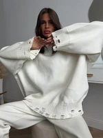 DEAT Fashion Knitted 2 Piece Set Women's Round Neck Loose Ripped Sweater High Waist Loose Pants Suit Autumn New 7A1114 - Image 6