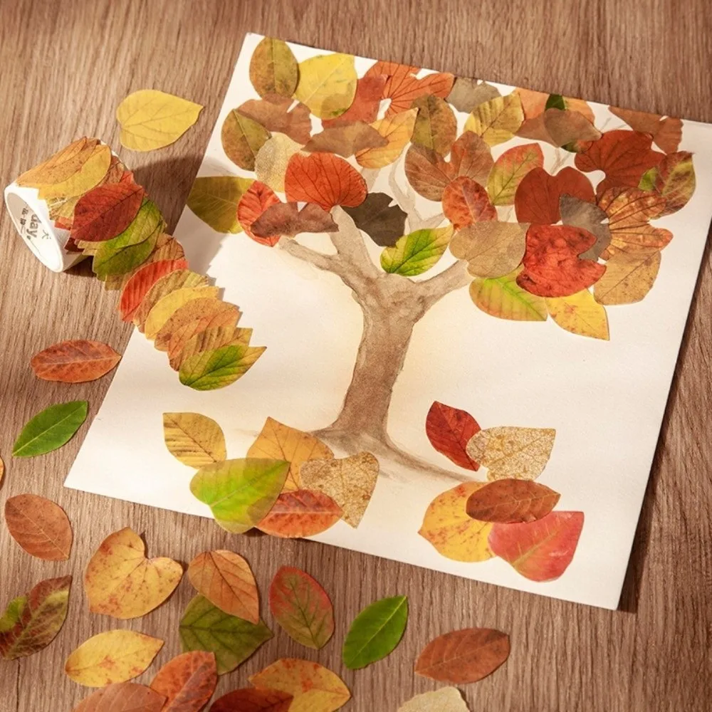 50 Pcs Decoration Self-adhesive DIY Leaf Paper Stickers Leaf Shape DIY Scrapbooking Plant Stickers Roll Stickers Student