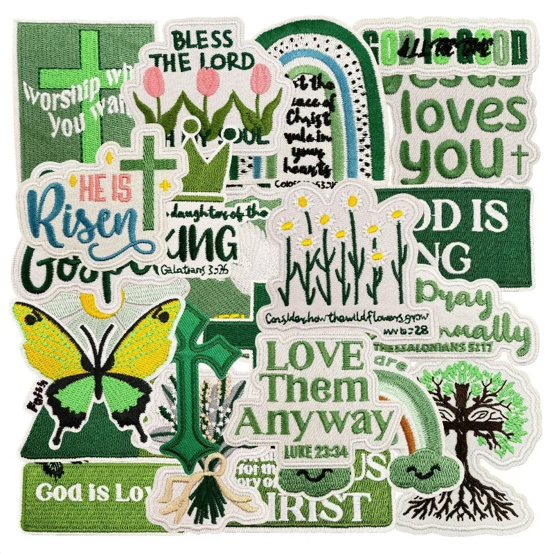 Green Jesus God Faith Pray Cross Words Iron-on Sew Embroidery Badge Patches DIY T-shirt Hat Backpack Clothing Appliques Sticker