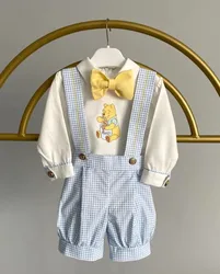 Baby Boy Spring Summer Bear Embroidery Vintage Khaki Set for Eid Causal Birthday Photography