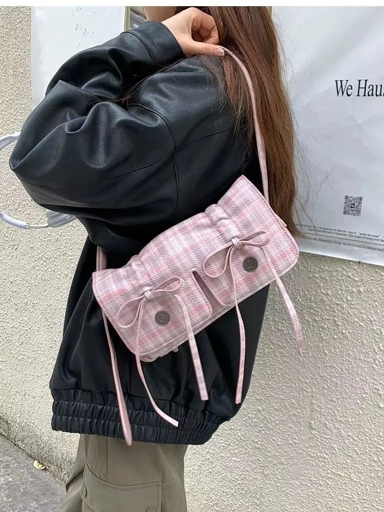 Plaid Pink Womens Shoulder Bag Pleated Casual Sweet Cute New Fashion Leather Handbag Literary Exquisite Designer Armpit Bag