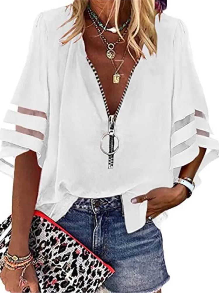 Summer New Solid Color Long-sleeved V-neck Zipper Women\'s Shirts Tops For Women Spring Fashion Elegant Casual Loose Tops Shirt