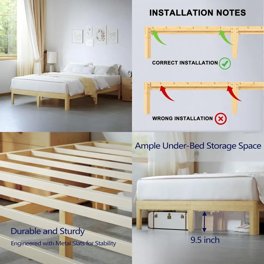 Base de Cama King Size de Bambú de 12 Pulgadas de Alto, Resistente, con Soporte de Láminas Metálicas - No Requiere Somier, Fácil de Montar, Silenciosa y Segura