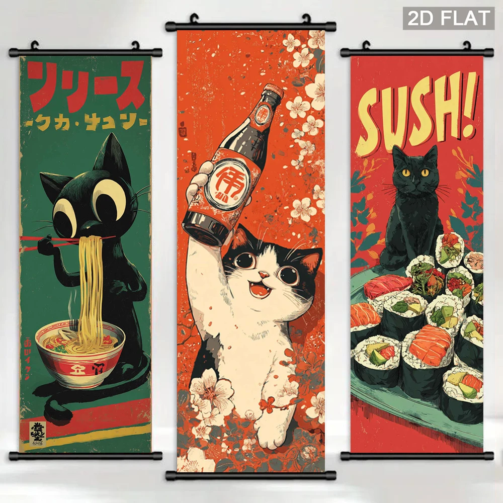 VIKAMA Japanese Retro Cat Food Scroll Tapestry, Cute Kittens Ramen Sushi Poster, Anime Wall Art for Kitchen Dining Room Decor