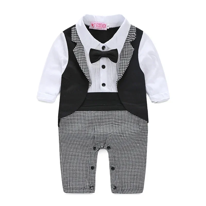 2022 New Baby Boys Gentleman Romper with Bow Tie - Cotton Long Sleeve Jumper