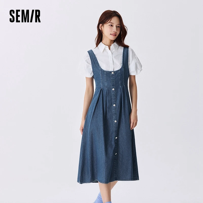 Semir Denim Dress Women U-Neck Slimming Retro Style Wszechstronna letnia słona modna talia rozkloszowana sukienka na ramiączkach