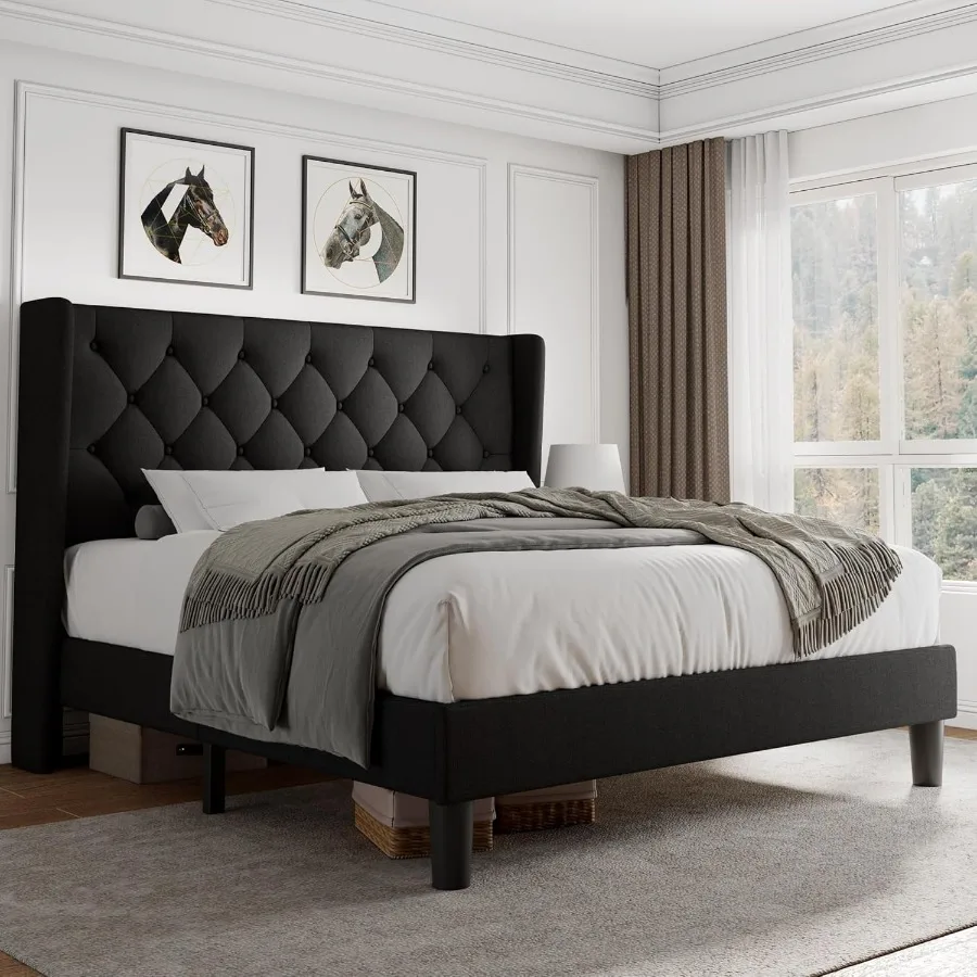 Queen Size Platform Bed Frame with Button Tufted Headboard Upholstered Bed Frame with Solid Wooden Slats 8 Underbed Space No Bo