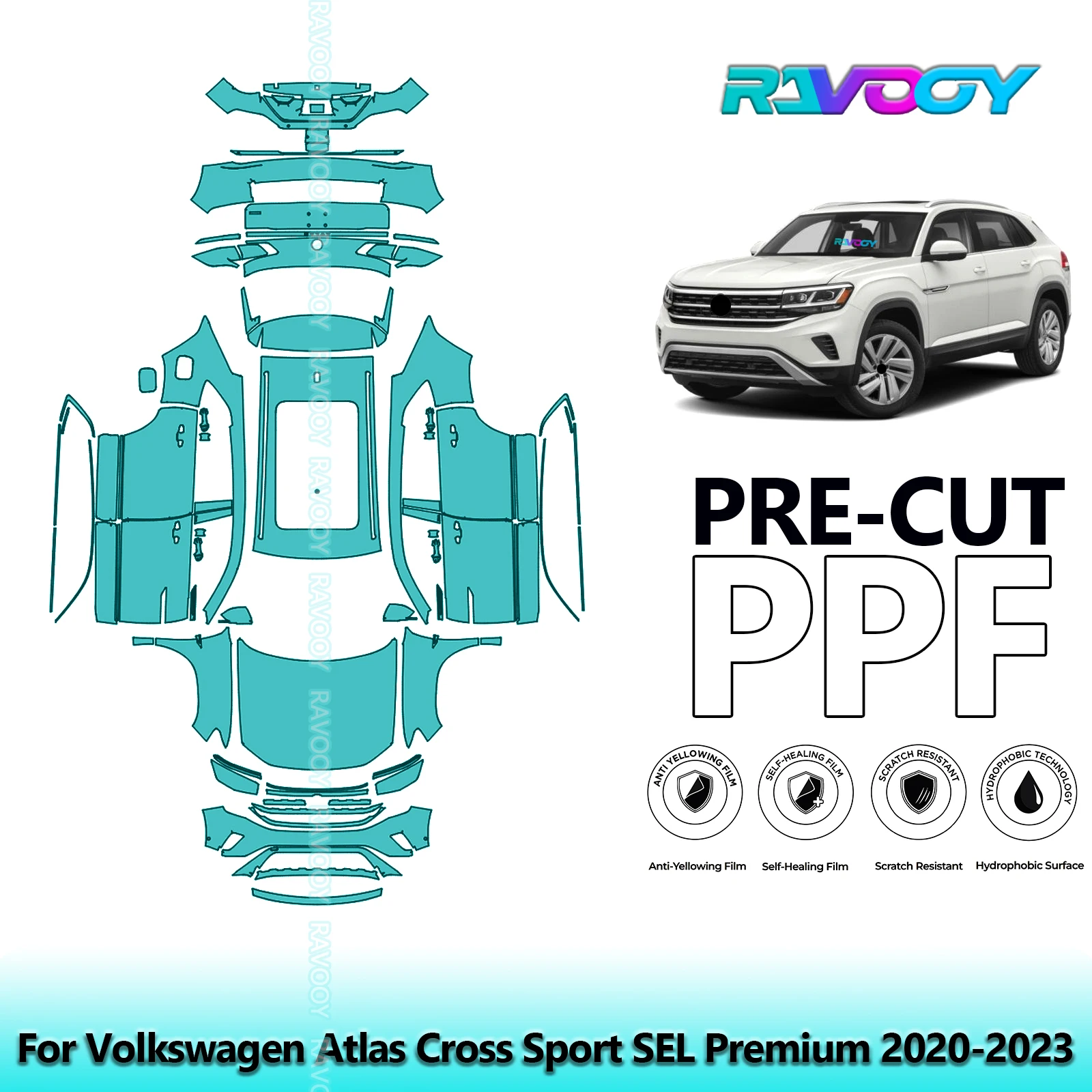 RAVOOY Custom-Fit Precut TPU PPF Full Vehicle Clear Bra Stone Guard EU UK For Volkswagen Atlas Cross Sport SEL Premium 2020-2023