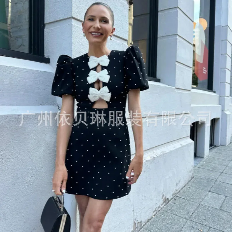 Hollow Bowdress For Women Street Y2k Round Neck Puff Sleeve Tight Dress Women Party Elegant Sexy Slim Evening Dress For Women