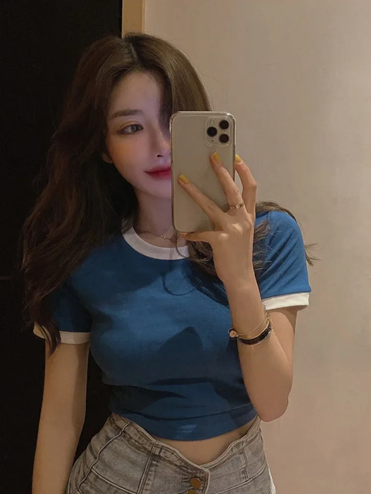 

New Fashion Women's Short Sleeve Crop Top O-neck T-Shirt Henley Shirts Short Sleeve Blouse Solid Color Ribbed Casual Blouse