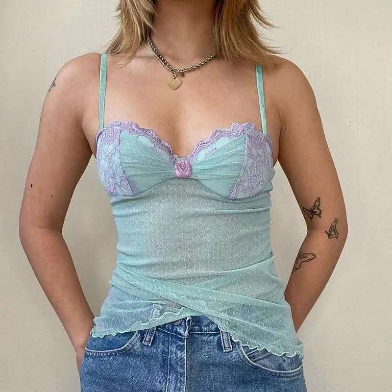 Gilet à nœud en dentelle esthétique, haut vintage des années 90, Harajuku, chérie mince, sexy, précieux, streetwear décontracté, mignon, bébé, été, y2k