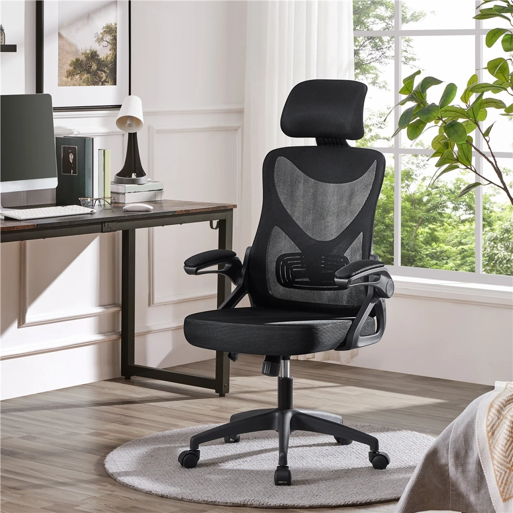 High Back Ergonomic Mesh Office Chair Featuring Adjustable Padded Headrest in Black