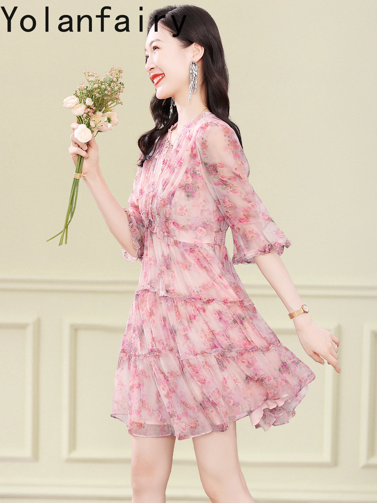 YOLANFAIRY ชุดเดรสผ้าไหมมัลเบอร์รี่แท้ 100% คุณภาพสูงสำหรับผู้หญิง แขนบานลายดอกไม้ ชุดเดรสฤดูร้อน 2025 โรแมนติกและสง่างาม
