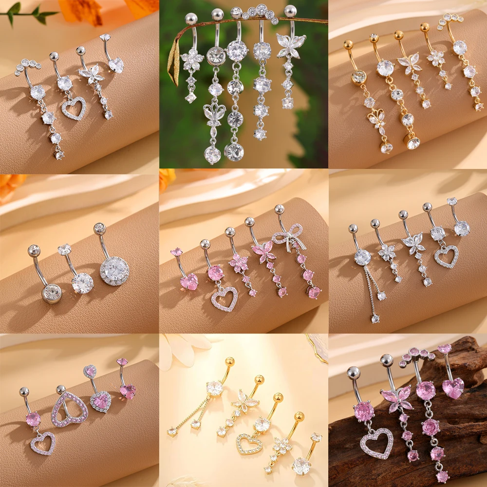14G Stainless Steel Butterfly Heart Dangled Belly Button Ring Belly Piercng Sets Pink Crystals Flower Curved Navel Ring Lot