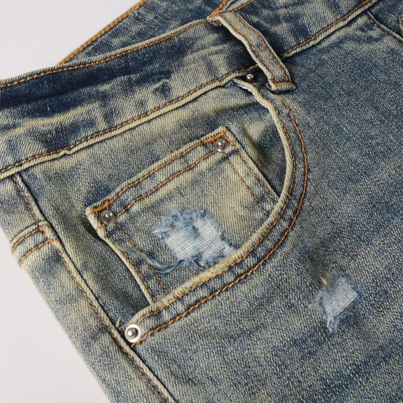 Fashionable new high-quality jeans men's jeans retro light blue washed nostalgic stretch slim fit bead patch jeans high street h