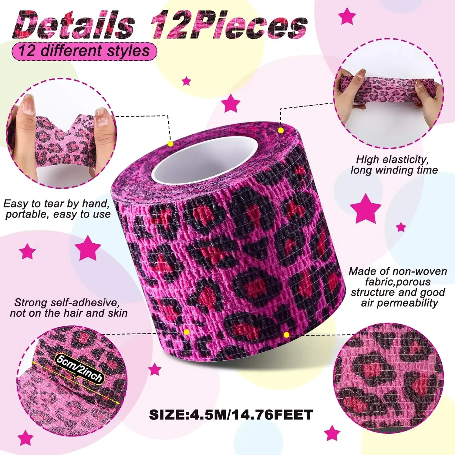 Pink Leopard Tape Tattoo Handle Bandage Anti-slip Athletic Nonwoven Self-adhesive Elastic Bandage Grip