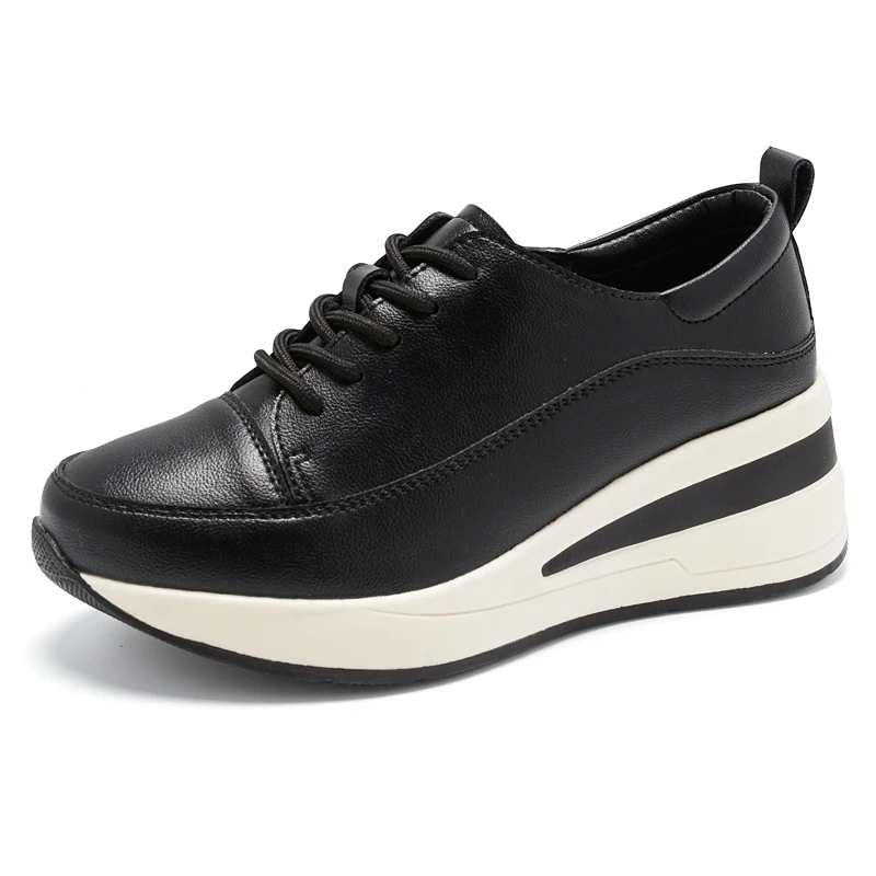 Zapatos negros de mujer, zapatos de plataforma de 5CM de altura de tacón con cordones de cuero auténtico, cuñas de otoño para mujer, zapatos con aumento de altura, zapatillas de deporte para mujer