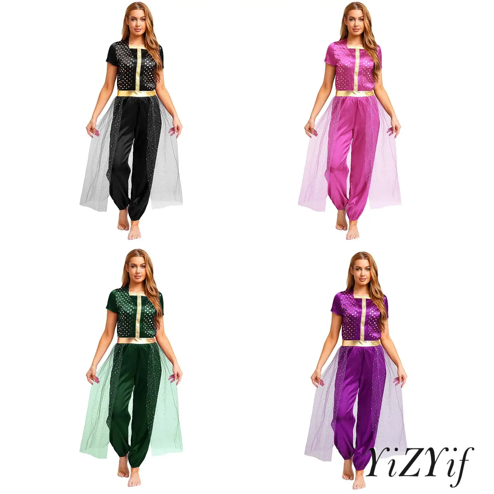 

2 Pcs Womens Adult Arabian Princess Costume One-piece Bodysuit Jumpsuit Halloween Carnival Cosplay Fancy Dress Up Party Clothes