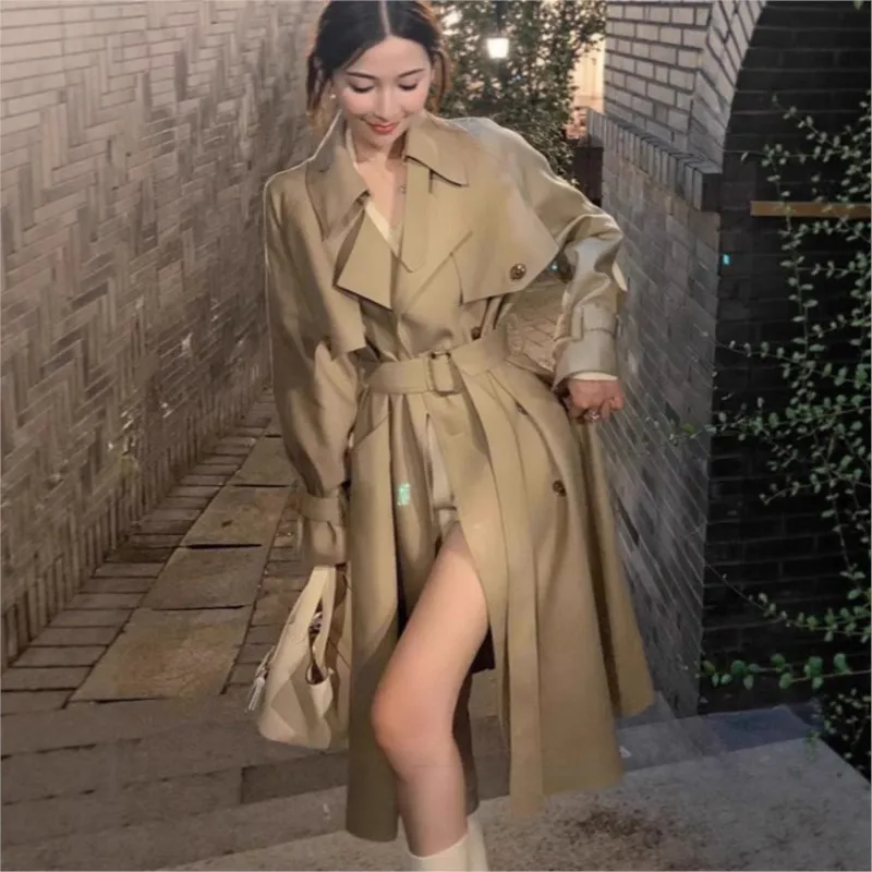 

A new double-breasted women's trench coat in khaki for women