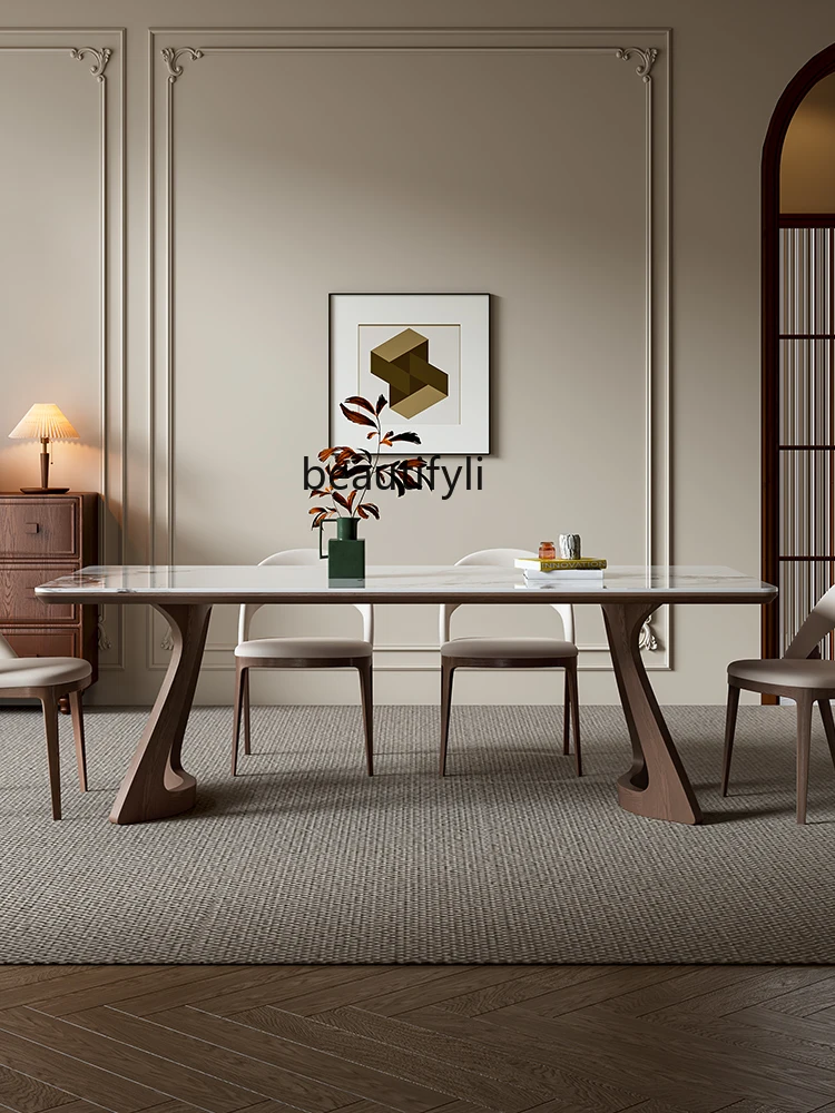 

Solid wood dining table rectangular walnut dining table light luxury ash wood rock slab dining table and chairs